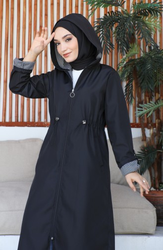 Stripe Detailed Women`s Hooded Trench 1901 1901-01 Black 1901-01