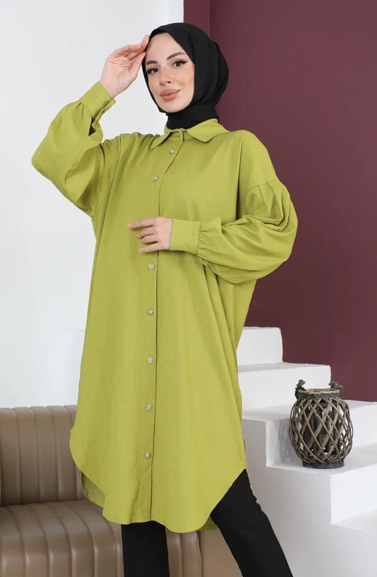 تونيك نسائي كاجوال بأكمام مطوية 12m01 12m01-09 أخضر فستقي 12m01-09
