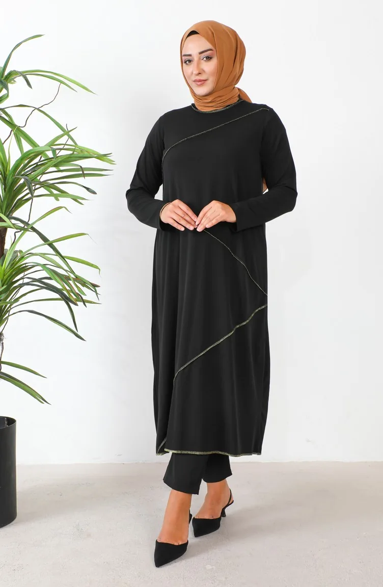 Plus Size Overlock Detailed Long Tunic 232329-01 Black 232329-01