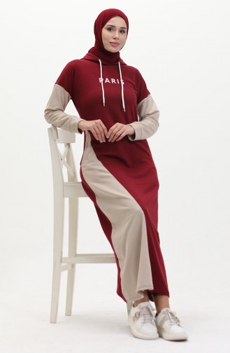 Farblich Garniertes Sweatkleid 3009-02 Weinrot 3009-02