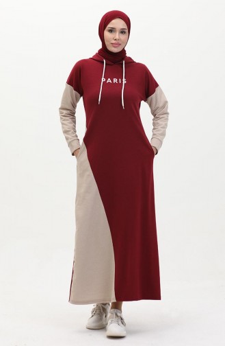 Farblich Garniertes Sweatkleid 3009-02 Weinrot 3009-02