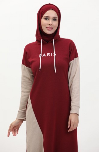 Farblich Garniertes Sweatkleid 3009-02 Weinrot 3009-02
