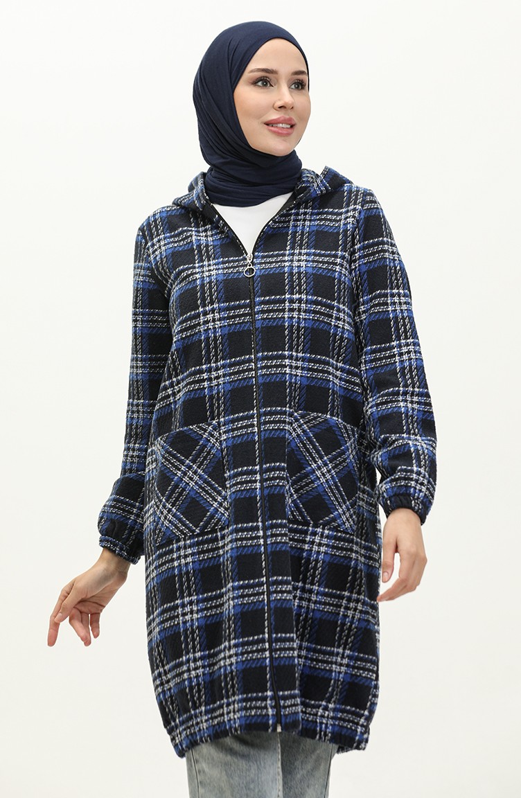 Poncho plaid à capuche bleu marine femme