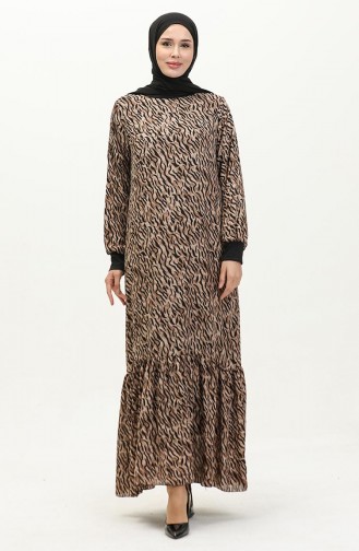 Geribbelde Voile-jurk Met Patroon 0129B-02 Zwart Melkbruin 0129B-02