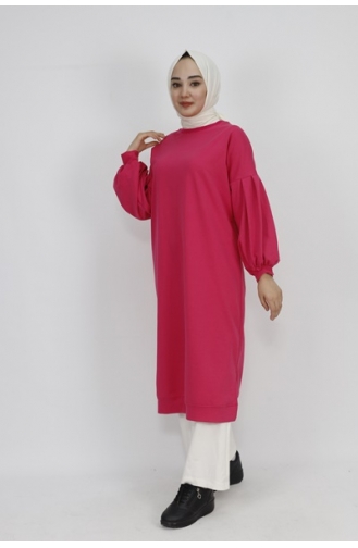 2 Ip Kumaş Balon Kol Uzun Boy Sweatshirt 3031-02 Fuşya