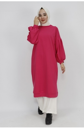 2 Ip Kumaş Balon Kol Uzun Boy Sweatshirt 3031-02 Fuşya