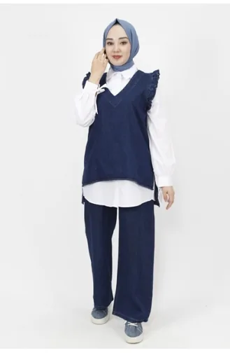 Ensemble 3 Pièces Tissu Denim Détail Volants 6918-02 Bleu Jean Foncé 6918-02