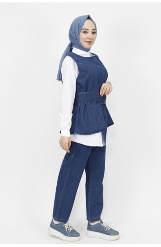 Ensemble 3 Pièces Tissu Denim Détail Ceinture 6868-01 Bleu Denim Foncé 6868-01
