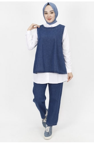 Ensemble 3 Pièces Tissu Denim Détail Ceinture 6868-01 Bleu Denim Foncé 6868-01