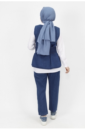 Ensemble 3 Pièces Tissu Denim Détail Ceinture 6868-01 Bleu Denim Foncé 6868-01