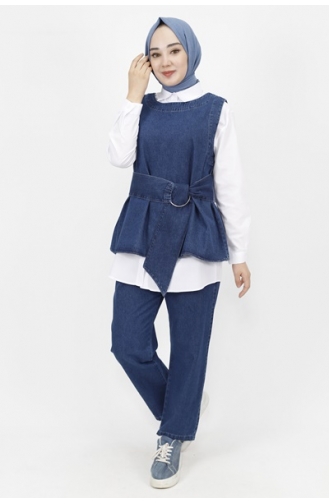 Ensemble 3 Pièces Tissu Denim Détail Ceinture 6868-01 Bleu Denim Foncé 6868-01