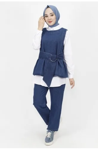 Ensemble 3 Pièces Tissu Denim Détail Ceinture 6868-01 Bleu Denim Foncé 6868-01