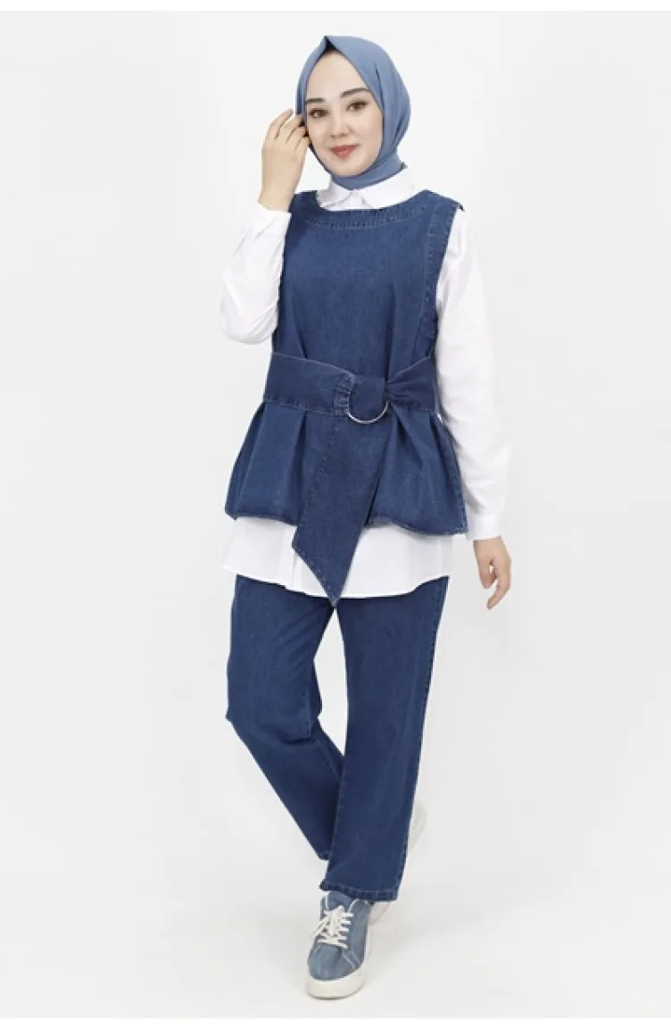 Ensemble 3 Pièces Tissu Denim Détail Ceinture 6868-01 Bleu Denim Foncé 6868-01