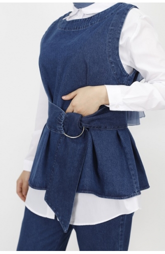 Ensemble 3 Pièces Tissu Denim Détail Ceinture 6868-01 Bleu Denim Foncé 6868-01
