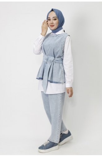 Ensemble 3 Pieces Tissu Denim Détail Ceinture 6868-02 Bleu Glace 6868-02