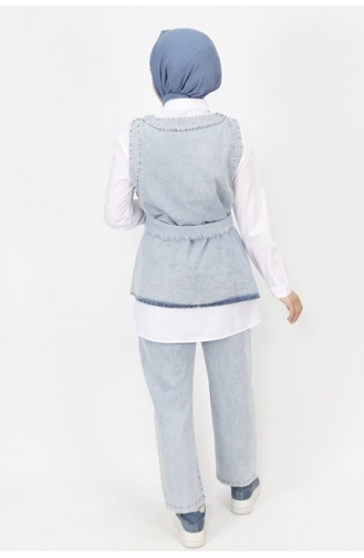 Ensemble 3 Pieces Tissu Denim Détail Ceinture 6868-02 Bleu Glace 6868-02