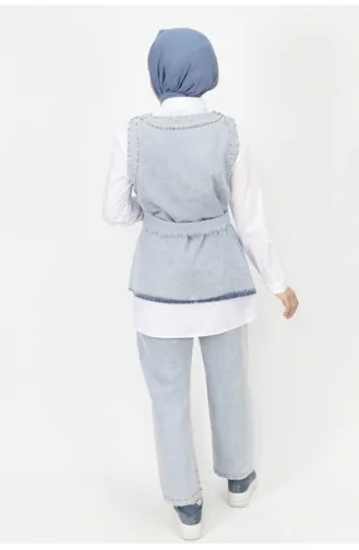 Ensemble 3 Pieces Tissu Denim Détail Ceinture 6868-02 Bleu Glace 6868-02