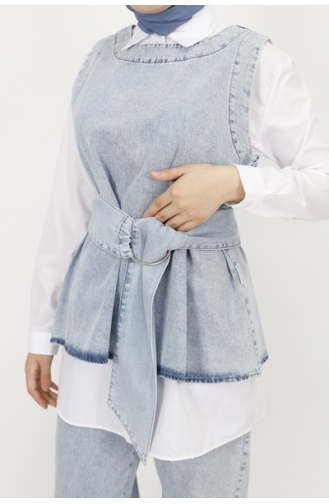 Ensemble 3 Pieces Tissu Denim Détail Ceinture 6868-02 Bleu Glace 6868-02