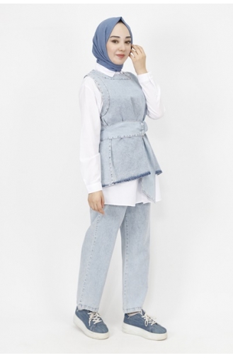 Ensemble 3 Pieces Tissu Denim Détail Ceinture 6868-02 Bleu Glace 6868-02