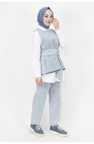 Ensemble 3 Pieces Tissu Denim Détail Ceinture 6868-02 Bleu Glace 6868-02