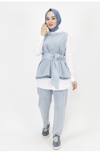 Ensemble 3 Pieces Tissu Denim Détail Ceinture 6868-02 Bleu Glace 6868-02