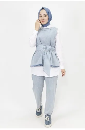 Ensemble 3 Pieces Tissu Denim Détail Ceinture 6868-02 Bleu Glace 6868-02