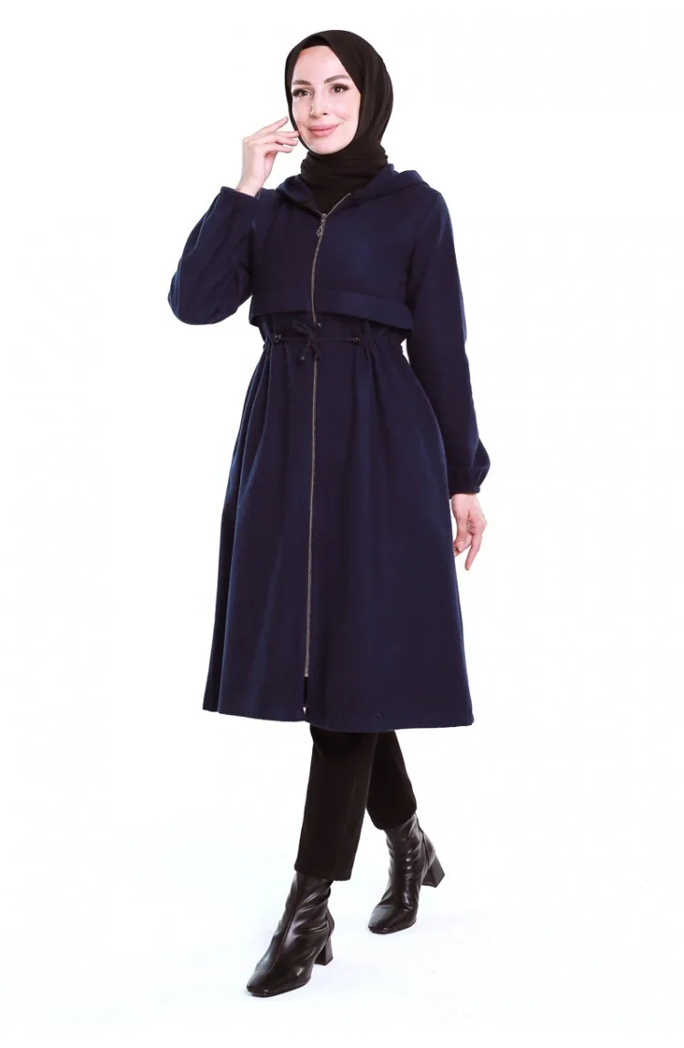 Beli Büzgülü Kapüşonlu Kaşe Kap 3199-06 Lacivert