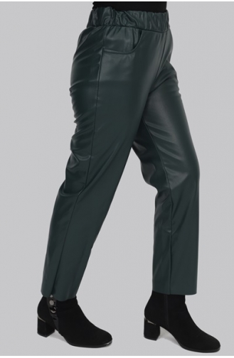 Pantalon Simili Cuir Taille Pointue Avec Poche Elastique 18135-01 Khaki Foncé 18135-01
