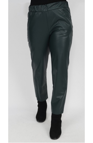 Pantalon Simili Cuir Taille Pointue Avec Poche Elastique 18135-01 Khaki Foncé 18135-01