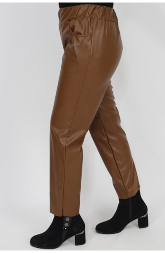 Pointed Waist Elastic Pocket Faux Leather Trousers 18135-03 Tan 18135-03