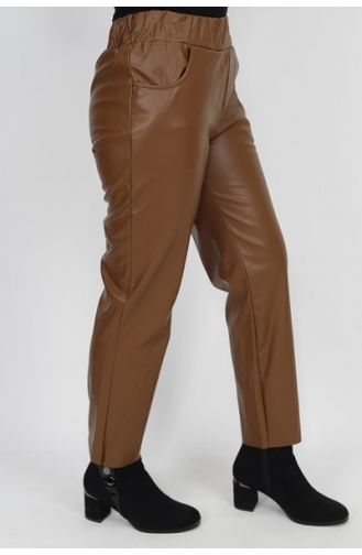 Pointed Waist Elastic Pocket Faux Leather Trousers 18135-03 Tan 18135-03