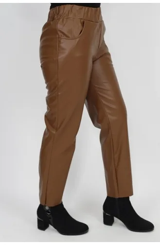 Pantalon Simili Cuir Taille Pointue Avec Poche Elastique 18135-03 Tan 18135-03