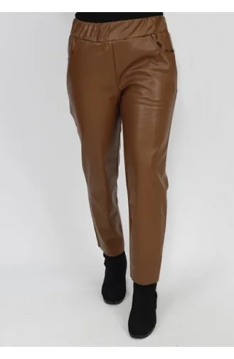 Pantalon Simili Cuir Taille Pointue Avec Poche Elastique 18135-03 Tan 18135-03