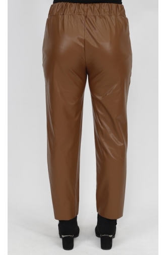 Pointed Waist Elastic Pocket Faux Leather Trousers 18135-03 Tan 18135-03