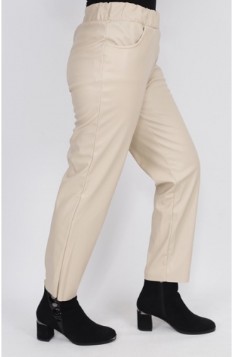 Pointed Waist Elastic Pocket Faux Leather Trousers 18135-05 Stone 18135-05