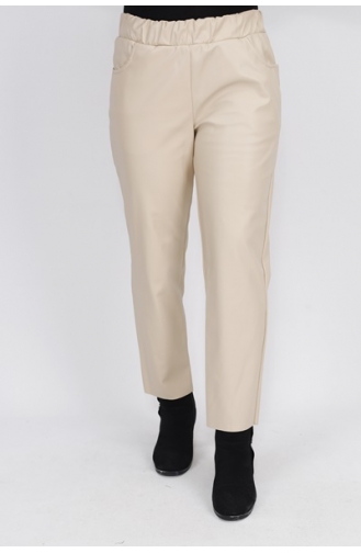 Pointed Waist Elastic Pocket Faux Leather Trousers 18135-05 Stone 18135-05