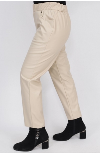 Pointed Waist Elastic Pocket Faux Leather Trousers 18135-05 Stone 18135-05