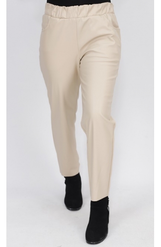 Pointed Waist Elastic Pocket Faux Leather Trousers 18135-05 Stone 18135-05