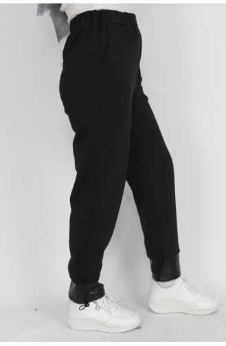 Puane Scuba Kumaş Paçası Deri Detaylı Pantolon 18139-01 Siyah
