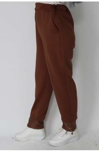 Noktae Scuba Fabric Leg Leather Detailed Trousers 18139-02 Tan 18139-02