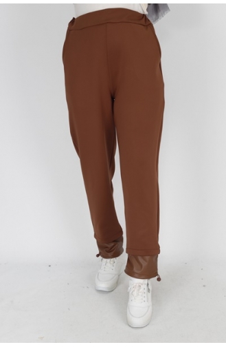 Noktae Scuba Fabric Leg Leather Detailed Trousers 18139-02 Tan 18139-02