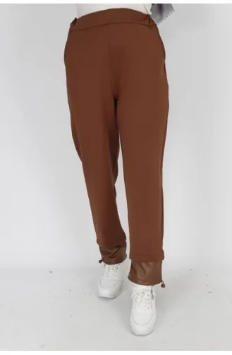 Noktae Pantalon Détaillé En Cuir Et Jambe En Tissu Scuba 18139-02 Tan 18139-02
