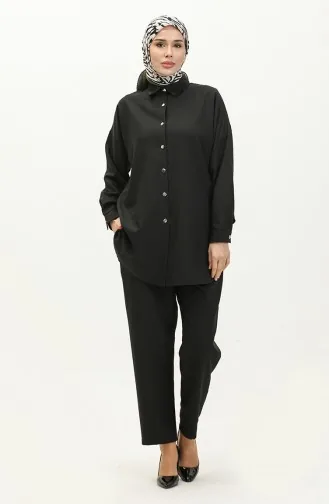 Ensemble Deux Pièces Tunique Pantalon Col Chemise 4436-01 Noir 4436-01