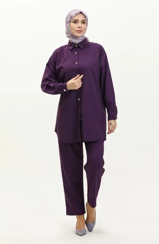 Ensemble Deux Pièces Tunique Pantalon Col Chemise 4436-05 Prune 4436-05