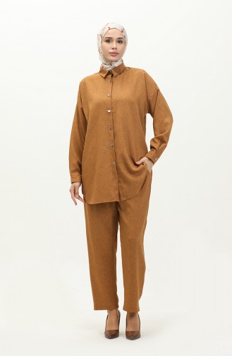 Gömlek Yaka Tunik Pantolon İkili Takım 4436-06 Camel