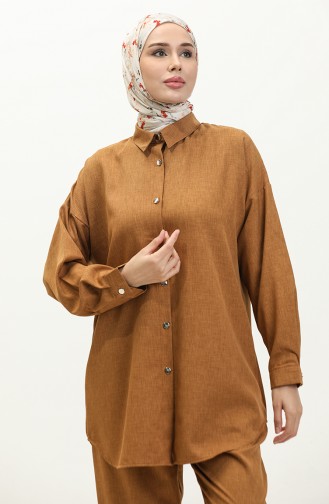 Gömlek Yaka Tunik Pantolon İkili Takım 4436-06 Camel