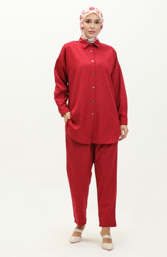 Ensemble Deux Pièces Tunique Pantalon Col Chemise 4436-07 Rouge Claret 4436-07