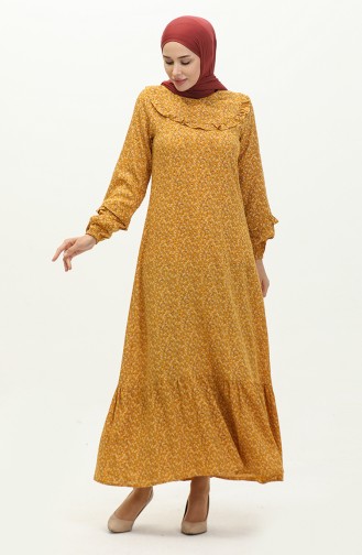 Frilly Patterned Viscose Dress 0179A-01 Mustard 0179-01