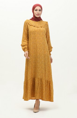 Frilly Patterned Viscose Dress 0179A-01 Mustard 0179-01