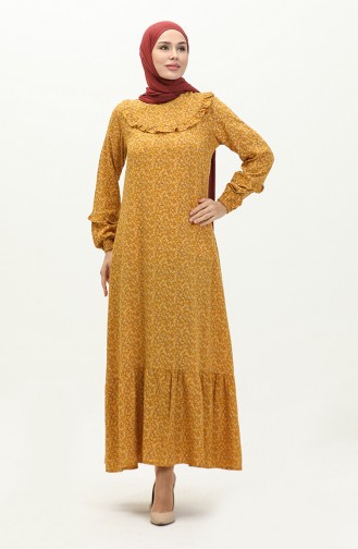 Frilly Patterned Viscose Dress 0179A-01 Mustard 0179-01